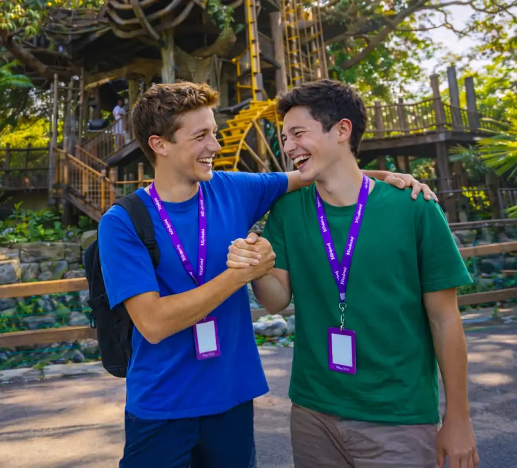 Dos amigos dándose la mano en su viaje educativo a Disneyland