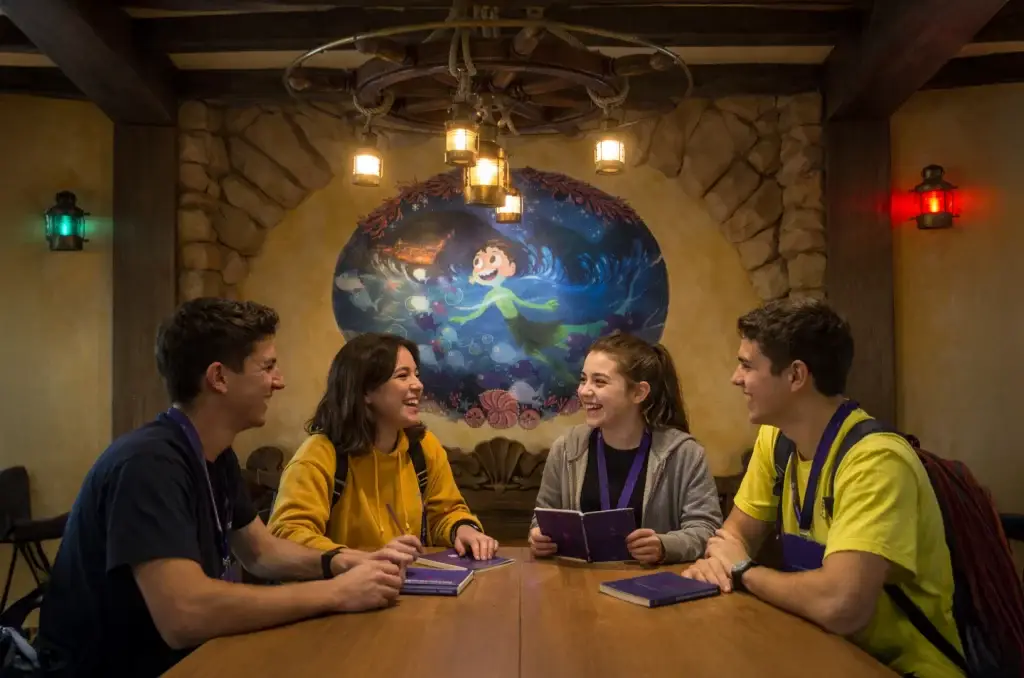 Grupo de alumnos sentados en un restaurante de Disneyland París