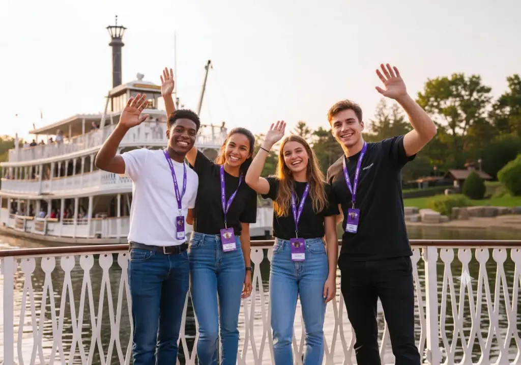Un grupo de alumnos saludando con un barco detrás