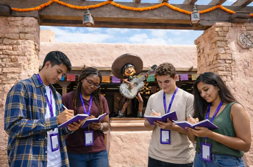 Un grupo de estudiantes anotando cosas en su pasaporte WeMagic